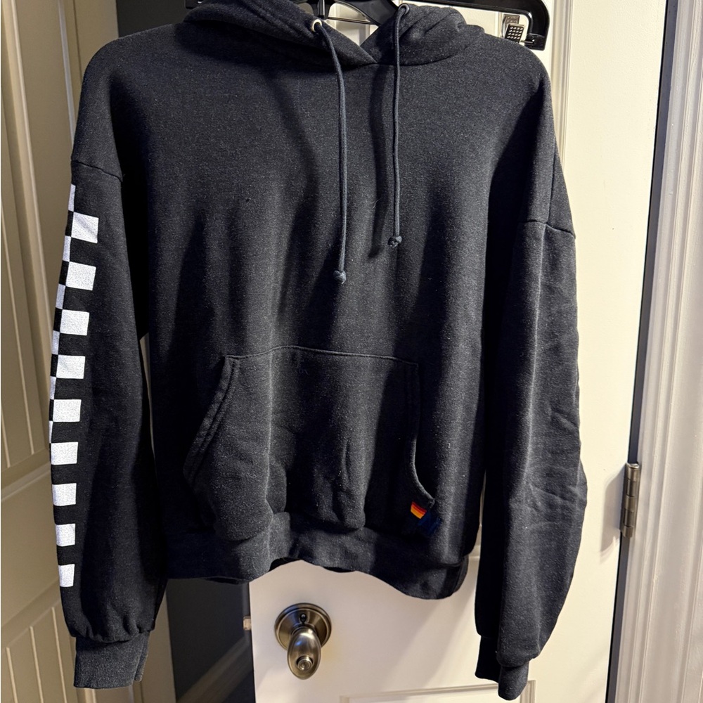 Aviator Nation Charcoal Checker Sleeve Hooded Sweatshirt